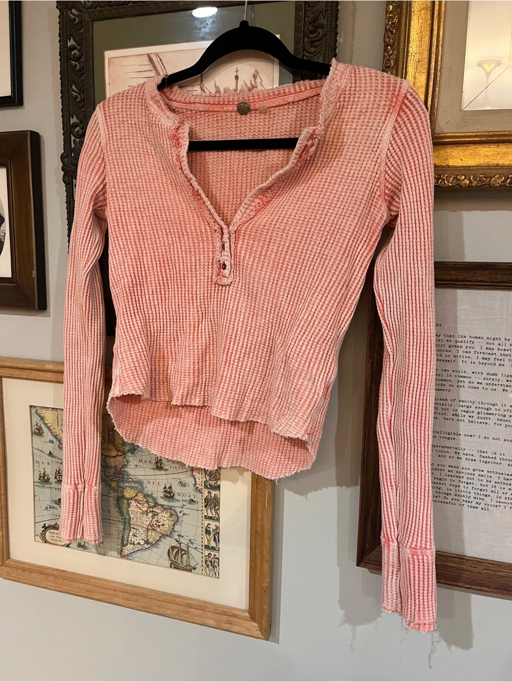 Free People Women's Pink Waffle-Knit Henley Long Sleeve Top